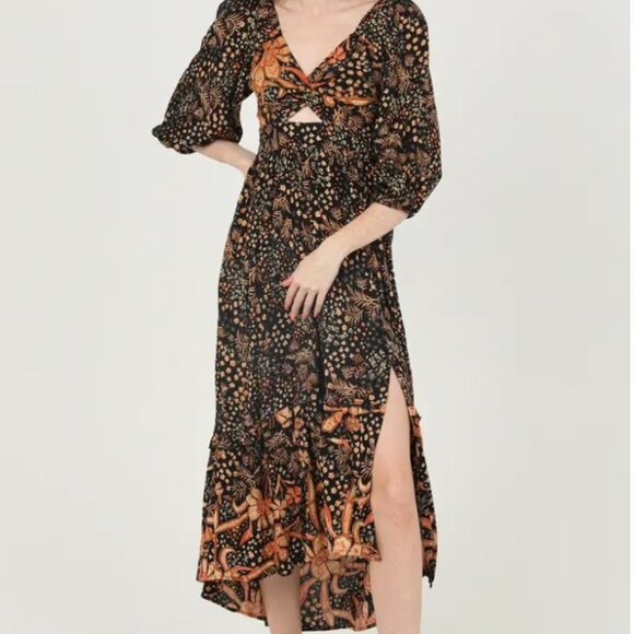 ANGIE Maxi Dress Sz S Boho Fall Floral Twist Front Ruffles Slit Flutter Sleeves - Picture 1 of 9